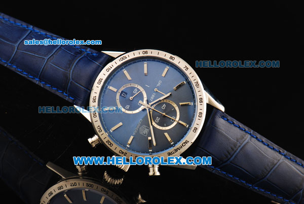 Tag Heuer Carrera Chronograph Miyota Quartz Movement Steel Case with Blue Dial and Blue Leather Strap - Click Image to Close